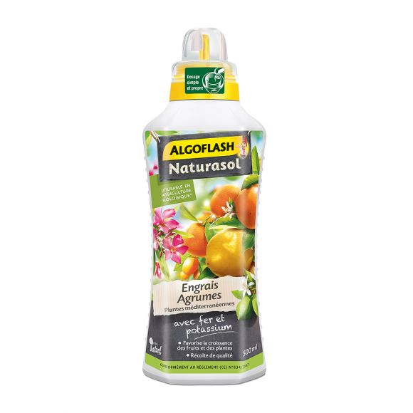 Engrais Liquide 500 mL Agrumes et Plantes Méditerranéennes Algoflash Naturasol.