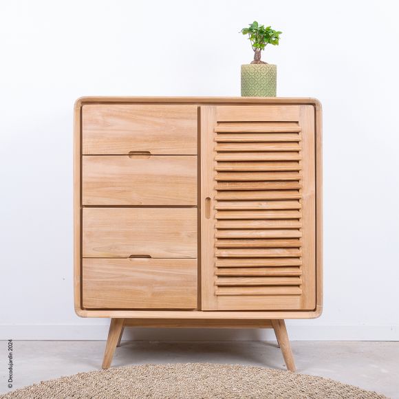 Commode style scandinave 1 porte, 4 tiroirs en teck massif Ilva.