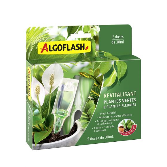 5 doses de 30 mL revitalisantes Algoflash pour toutes les plantes vertes et plantes fleuries d'intérieur.