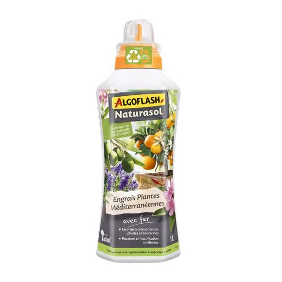 Engrais liquide nutritif 100 % végétal Algoflash pour toutes les variétés de plantes méditerranéennes.