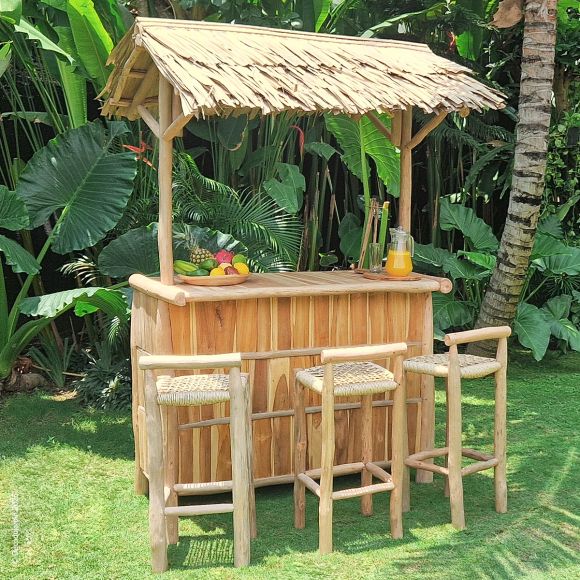 Tiki Bar et trois chaises hautes en Teck et branches de canne à sucre. Mobilier de Jardin.