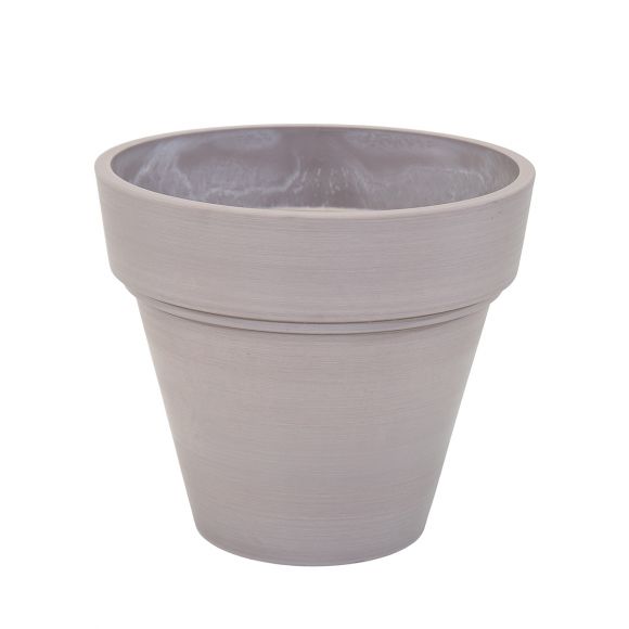 Pot de fleurs rond éco-responsable couleur taupe, bac à plantes Ecostone.